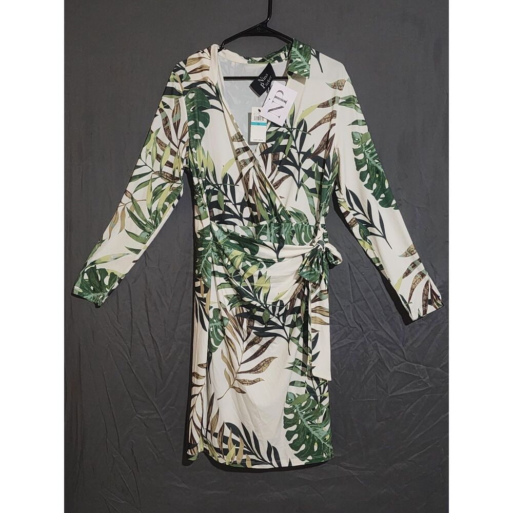 Nina Parker Tropical Palm Leaf Wrap Dress Green White Plus Size 0X NWT